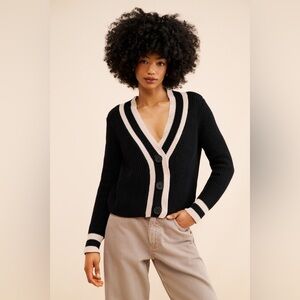 525 Varsity Stripe V Neck Cardigan Black Cream Size Small